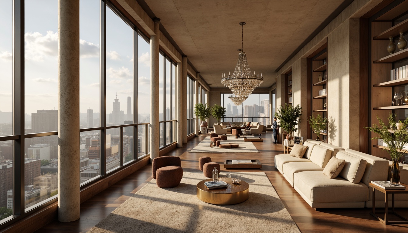 Prompt: Luxurious penthouse, upscale interior design, rich wood tones, lavish furnishings, floor-to-ceiling windows, stunning city views, sleek modern architecture, neutral beige walls, dark hardwood floors, creamy marble countertops, metallic gold accents, plush velvet sofas, crystal chandeliers, soft warm lighting, atmospheric mist, shallow depth of field, 1/1 composition, panoramic view, realistic textures, ambient occlusion.