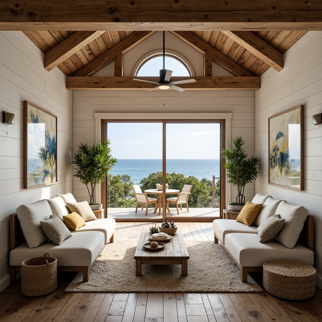 Prompt: Rustic farmhouse, exposed wooden beams, natural wood tones, distressed finishes, coastal accents, vintage nautical decor, weathered shiplap, reclaimed wood flooring, plush area rugs, comfortable furnishings, soft pastel colors, calming ocean views, large windows, sliding glass doors, sunny day, warm soft lighting, shallow depth of field, 3/4 composition, realistic textures, ambient occlusion.