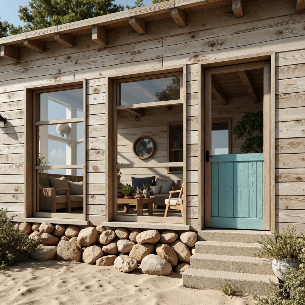 Prompt: Rustic coastal cottage, weathered wooden planks, driftwood accents, sandy beige walls, ocean-inspired colors, sea salt textures, wavy patterns, natural stone foundations, beachy vibe, nautical rope details, vintage porthole windows, distressed finishes, soft warm lighting, shallow depth of field, 1/1 composition, realistic textures, ambient occlusion.