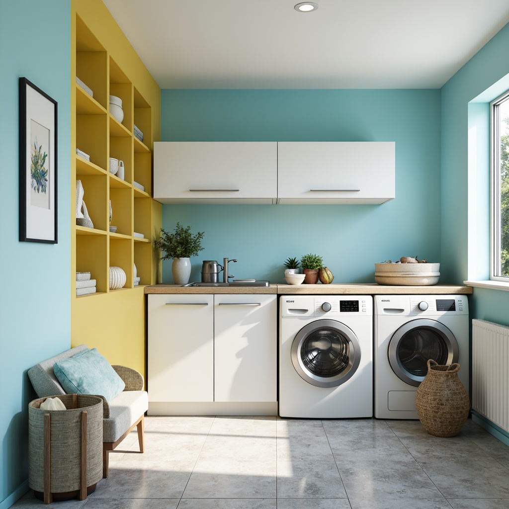 Prompt: Vibrant laundry room, pastel blue walls, crisp white cabinets, warm beige countertops, soft gray flooring, bright yellow accents, stainless steel appliances, modern minimalist decor, recessed lighting, subtle texture contrasts, calming atmosphere, natural light pouring in, shallow depth of field, 1/2 composition, realistic render.