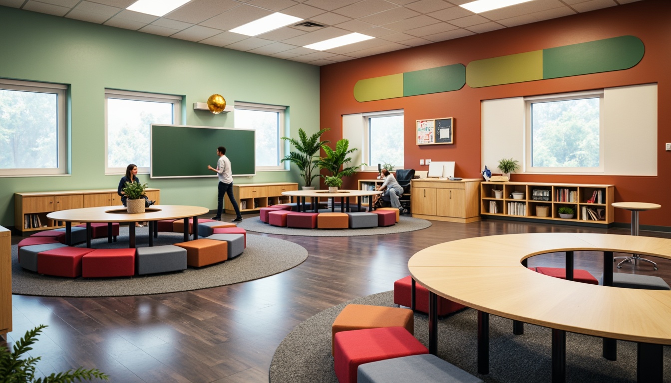 Prompt: Vibrant classroom interior, modular desks, ergonomic chairs, interactive whiteboards, collaborative learning spaces, adjustable shelving units, colorful storage bins, rounded table shapes, soft cushioned seating areas, natural wood accents, ample legroom, flexible layout arrangements, warm overhead lighting, 1/1 composition, shallow depth of field, realistic textures, ambient occlusion.