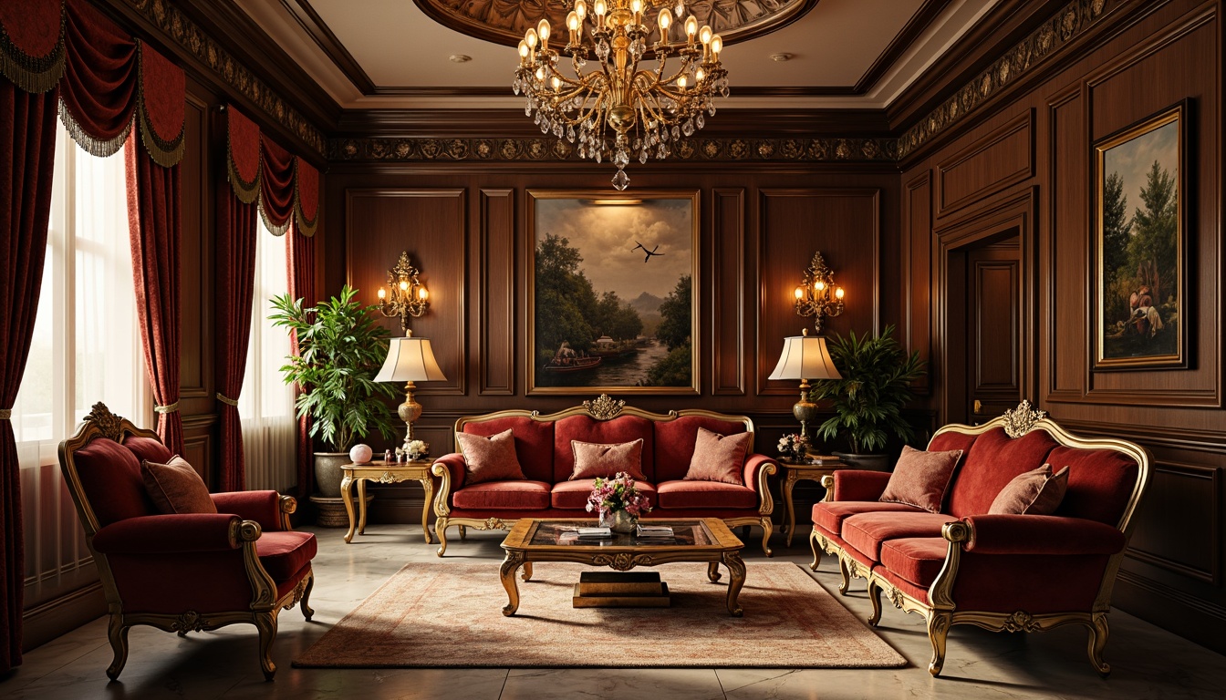 Prompt: Luxurious living room, ornate furniture, intricate carvings, gilded accents, velvet upholstery, marble flooring, crystal chandeliers, lavish drapery, rich wood tones, regal color palette, warm ambient lighting, soft focus blur, shallow depth of field, 2/3 composition, realistic textures, detailed ornaments, majestic atmosphere.