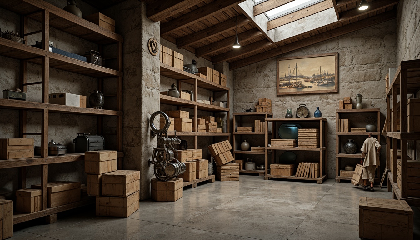 Prompt: Rustic storage room, wooden crates, metal shelving units, concrete floors, industrial lighting, rough-hewn stone walls, distressed wood planks, corrugated metal sheets, vintage machinery parts, worn leather straps, faded denim fabrics, earthy tones, warm ambient lighting, shallow depth of field, 2/3 composition, realistic textures, subtle color grading.