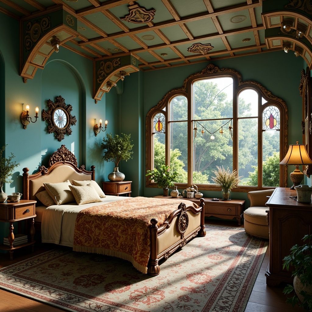 Prompt: Whimsical kids' bedroom, ornate Art Nouveau furniture, sinuous curves, flowing organic shapes, intricate metalwork, stained glass windows, vibrant turquoise walls, plush velvet upholstery, carved wooden accents, nature-inspired motifs, fantastical creatures, dreamy ambiance, soft warm lighting, shallow depth of field, 1/2 composition, intimate framing, realistic textures, ambient occlusion.