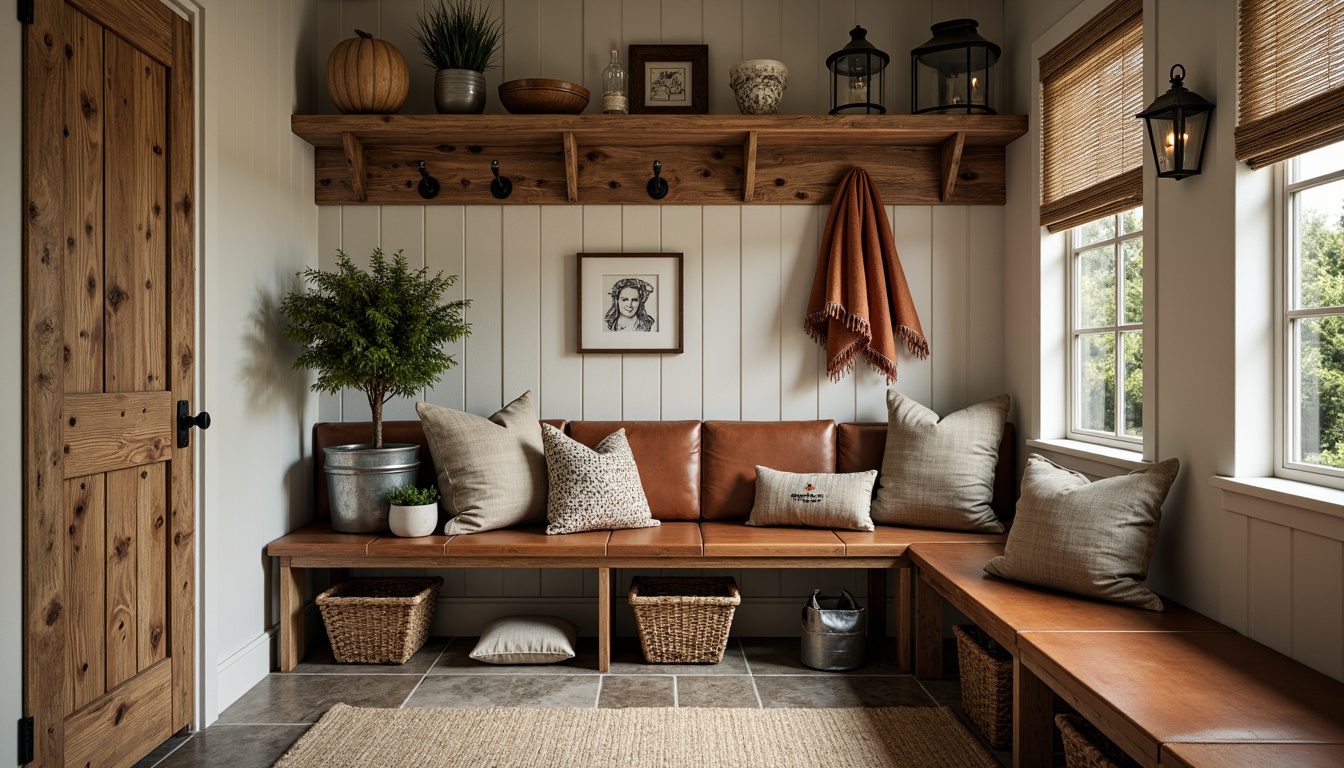 Prompt: Rustic mudroom, farmhouse decor, vintage wooden bench, distressed leather upholstery, metal accents, woven wicker baskets, natural stone flooring, earthy color palette, cozy warm lighting, shallow depth of field, 1/1 composition, realistic textures, ambient occlusion, reclaimed wood shelves, galvanized metal buckets, potted greenery, soft cushions, plush throw pillows, wooden wall hooks, decorative metal lanterns, country-inspired patterns.