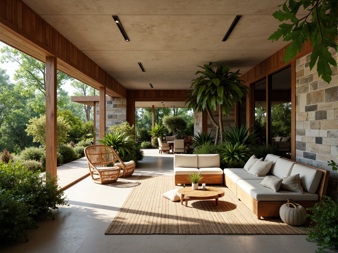 Prompt: Lush greenery, tropical plants, natural stone walls, wooden accents, modern minimalist decor, open concept living, floor-to-ceiling windows, sliding glass doors, abundance of natural light, warm earthy tones, organic textures, curved lines, flowing spaces, cozy reading nooks, rattan furniture, woven textiles, airy atmosphere, soft diffused lighting, 1/1 composition, intimate scale, realistic reflections, ambient occlusion.