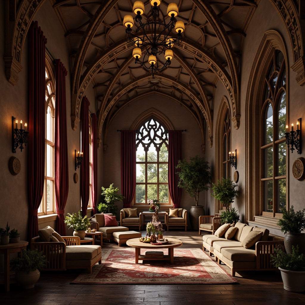 Prompt: Intricate gothic arches, ornate stone carvings, lavish chandeliers, rich velvet drapes, mysterious ambiance, warm candlelight, dark wood paneling, eclectic bamboo accents, woven bamboo furniture, natural fiber textiles, earthy color palette, soft golden lighting, 1/2 composition, atmospheric perspective, realistic shadows, subtle misting effects.