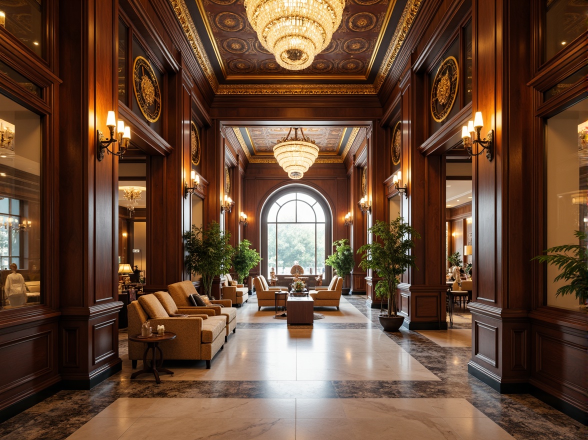 Prompt: Elegant hotel lobby, high ceiling, ornate moldings, crystal chandelier, luxurious furnishings, rich wood paneling, marble flooring, classic columns, archways, vaulted ceilings, intricate carvings, gilded accents, warm soft lighting, shallow depth of field, 1/2 composition, realistic textures, ambient occlusion.