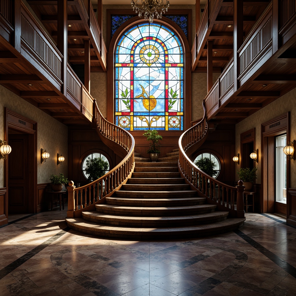 Prompt: Intricate staircase, ornate banister, vibrant stained glass elements, colorful geometric patterns, subtle gradient effects, refracted light, majestic vertical rise, opulent landing areas, polished marble floors, luxurious carpets, elegant wall decor, warm ambient lighting, soft focus, 1/2 composition, atmospheric perspective, realistic reflections.