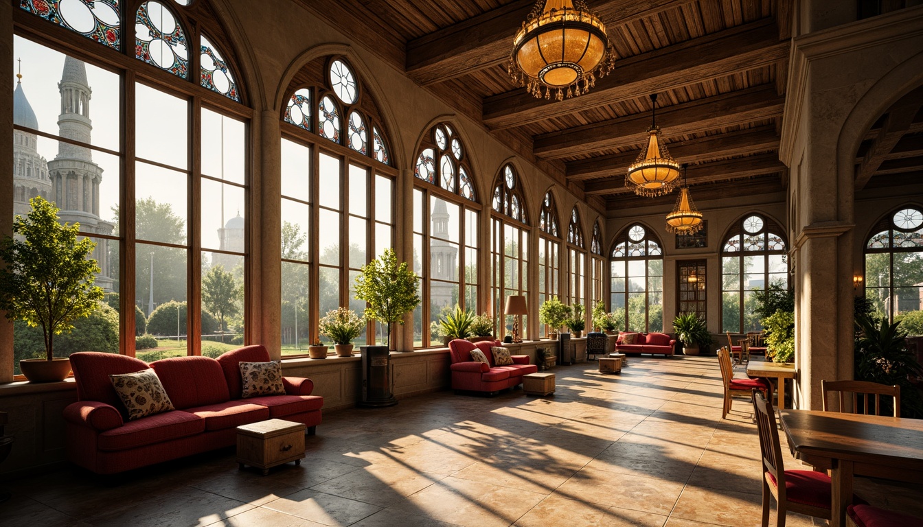 Prompt: Elegant sunroom, pointed arches, ribbed vaults, flying buttresses, grandiose windows, stained glass panes, intricate stone carvings, ornate metalwork, lavish furnishings, velvet drapes, ornamental chandeliers, warm golden lighting, soft diffused glow, shallow depth of field, 2/3 composition, symmetrical framing, realistic textures, ambient occlusion.