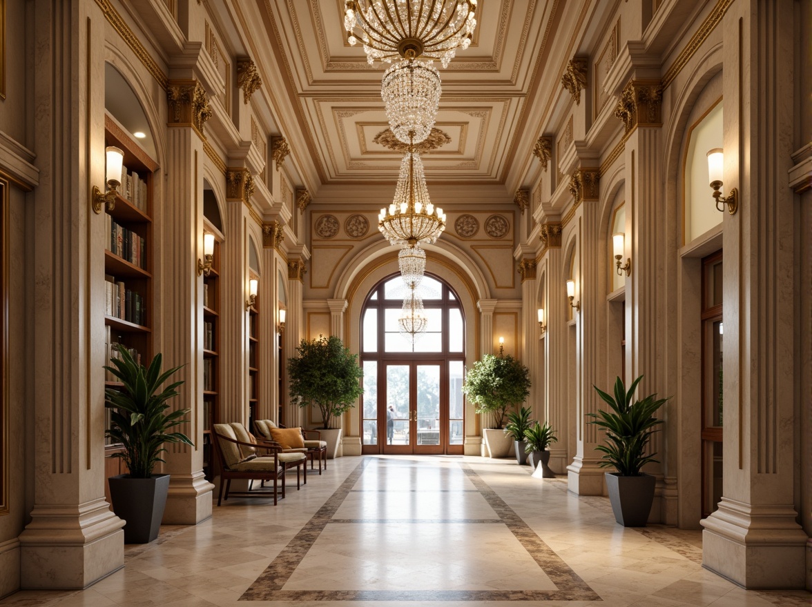 Prompt: Elegant apartment facade, ornate moldings, Corinthian columns, grand entranceways, marble flooring, high ceilings, crystal chandeliers, luxurious fabrics, rich wood tones, intricate carvings, ornamental plasterwork, neoclassical arches, subtle gradient lighting, warm beige color palette, symmetrical composition, realistic reflections, ambient occlusion.