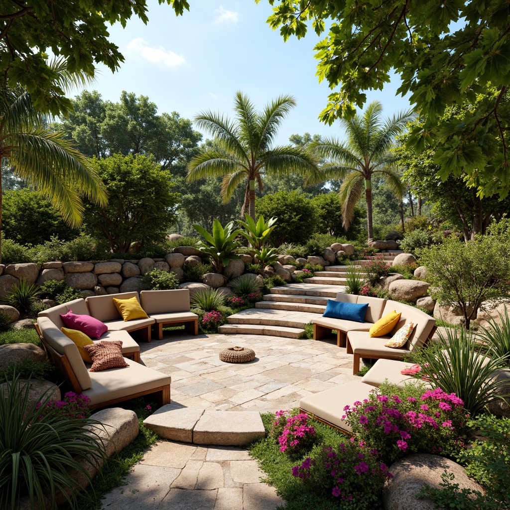 Prompt: Vibrant tropical amphitheater, lush greenery, exotic flowers, natural stone seating, wooden benches, colorful cushions, nautical ropes, driftwood accents, ocean-inspired decor, sunny day, warm soft lighting, shallow depth of field, 1/1 composition, panoramic view, realistic textures, ambient occlusion.