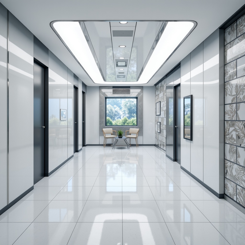 Prompt: Streamlined modern walls, glossy white lacquer finish, metallic silver accents, polished chrome strips, minimalist decorative panels, sleek glass surfaces, high-gloss paint finishes, subtle texture contrasts, geometric patterned wallpaper, futuristic ambient lighting, shallow depth of field, 1/1 composition, panoramic view, realistic reflections, ambient occlusion.