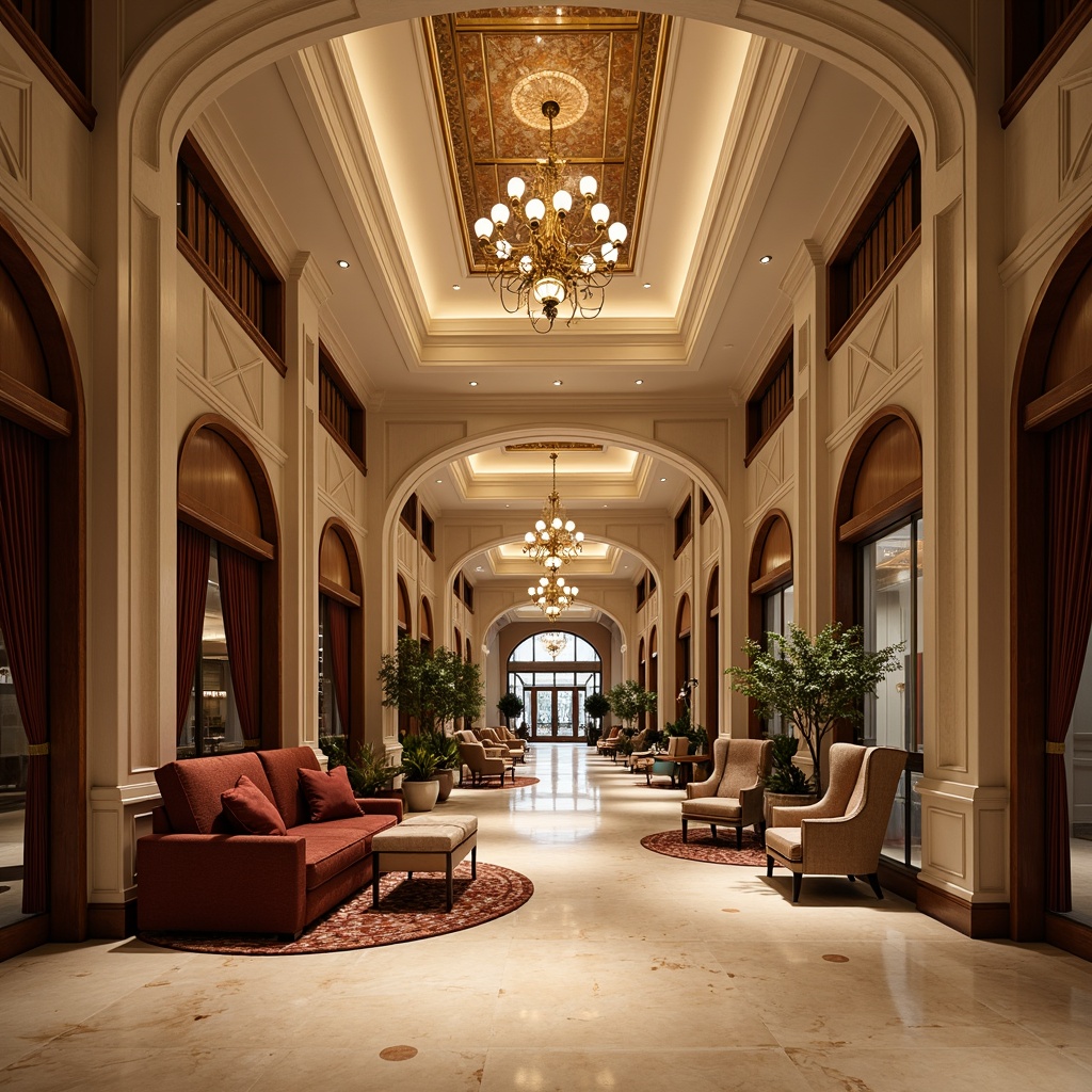 Prompt: Luxurious hotel lobby, high ceiling, ornate chandelier, elegant arches, classical columns, intricate moldings, lavish furnishings, rich wood paneling, creamy marble floors, sophisticated color palette, warm ambient lighting, soft focus blur, 1/2 composition, symmetrical framing, ornate plasterwork, gilded accents, velvet drapes, crystal fixtures, refined textures, subtle shadows.