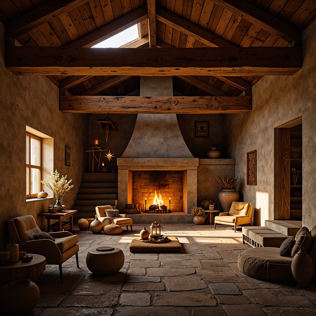 Prompt: Rustic wooden beams, earthy tones, warm candlelight, lantern-style lighting, cozy fireplaces, natural stone walls, traditional craftsmanship, regional cultural influences, earthenware pottery, woven textiles, ambient soft glow, warm color temperatures, high ceilings, exposed rafters, clerestory windows, diffused sunlight, subtle shadows, 1/1 composition, intimate atmosphere, realistic materials, subtle highlights.