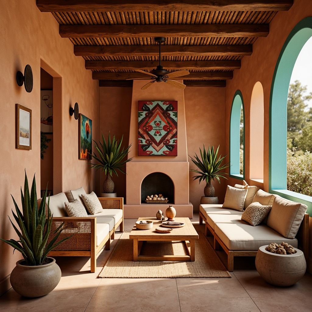 Prompt: Earthy Southwestern interior, warm terracotta walls, turquoise accents, sandy beige floors, natural wood furniture, woven textiles, vibrant Native American patterns, rustic metal decor, soft warm lighting, shallow depth of field, 3/4 composition, panoramic view, realistic textures, ambient occlusion.