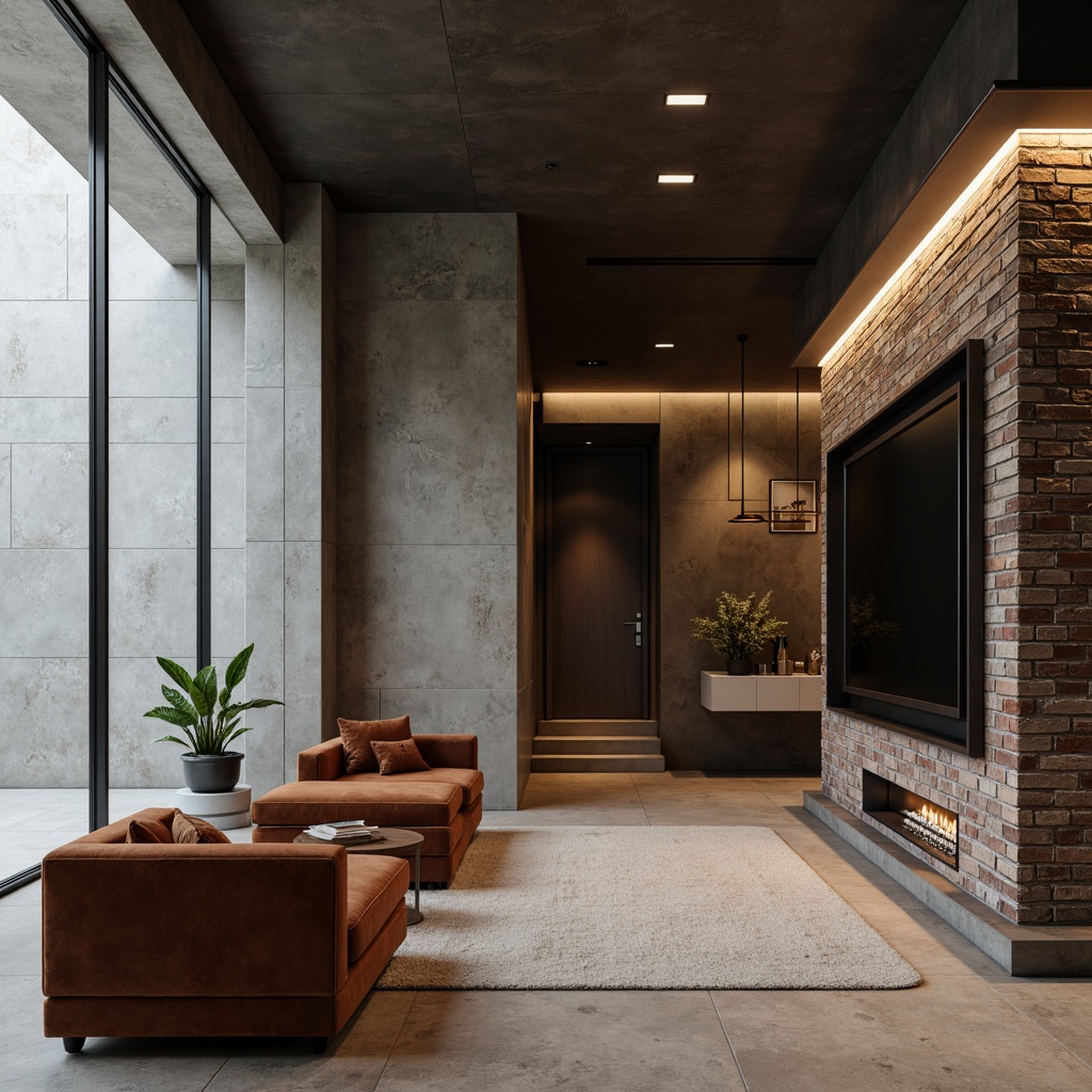 Prompt: Minimalist interior, sleek walls, polished concrete finishes, industrial-chic exposed brick, modern matte paint, luxurious velvet textures, metallic accents, geometric patterns, subtle color gradients, ambient indirect lighting, 3/4 composition, shallow depth of field, realistic reflections, soft warm glow, urban loft atmosphere.