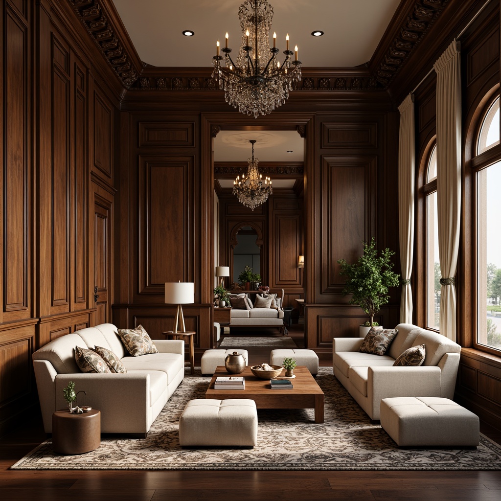 Prompt: Elegant living room, rich wood tones, ornate carvings, velvety soft upholstery, antique-inspired furniture, curved lines, luxurious fabrics, neutral color palette, classic rolled-arm sofas, tufted ottomans, wooden coffee tables, intricately patterned rugs, crystal chandeliers, subtle golden accents, warm ambient lighting, shallow depth of field, 1/1 composition, realistic textures, soft focus effect.