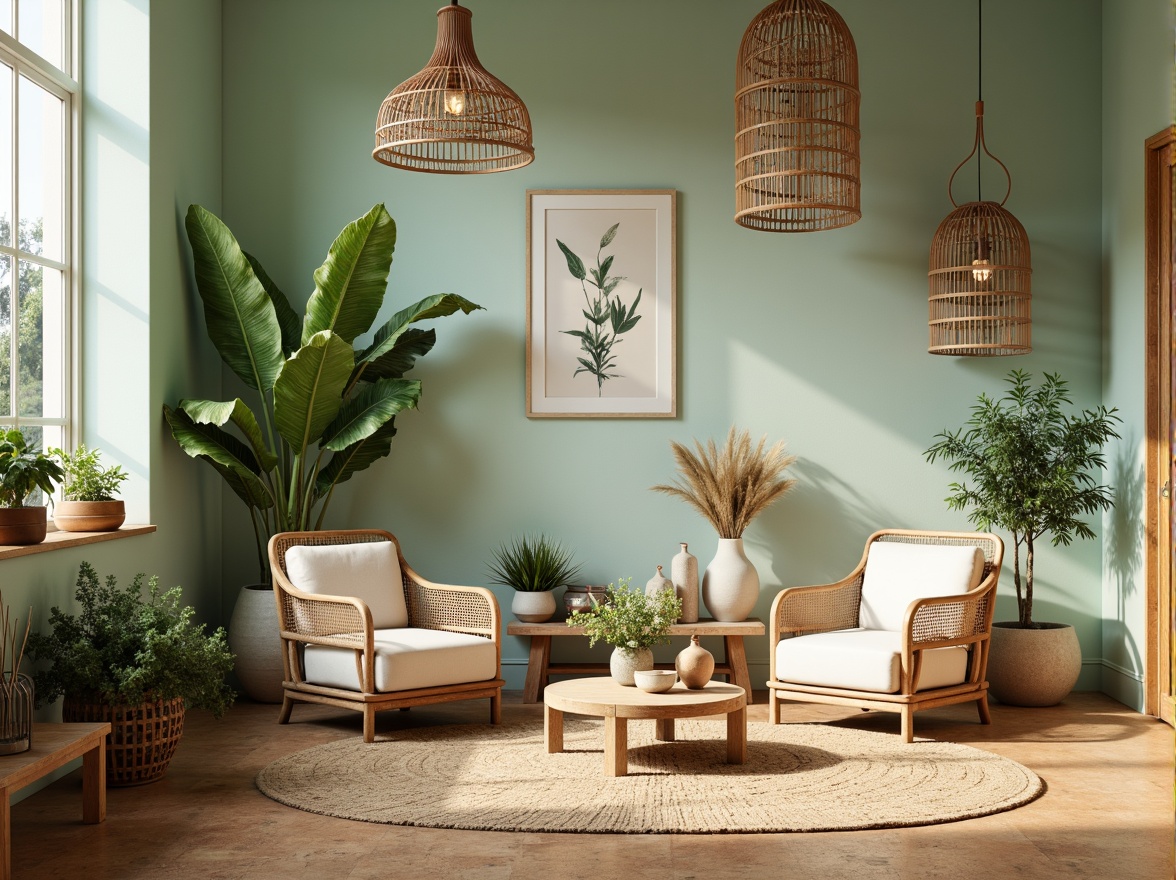 Prompt: Soft mint walls, natural cork flooring, earthy terracotta accents, woven rattan furniture, botanical prints, cream-colored ceramics, distressed wooden decor, organic shapes, abundant greenery, warm sunlight, soft focus, shallow depth of field, 1/2 composition, harmonious color palette, natural textures, ambient occlusion.