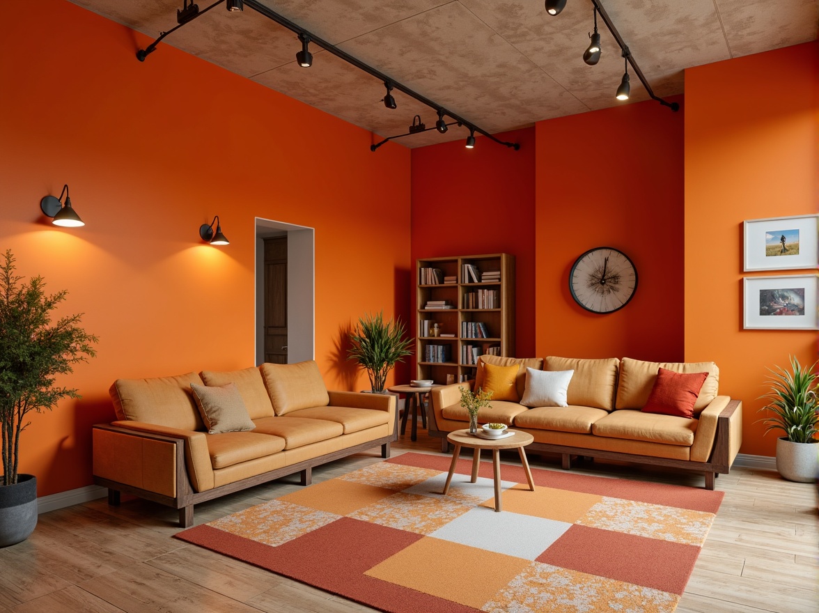 Prompt: Vibrant tangerine accent walls, modern minimalist interior design, sleek low-profile furniture, bold color blocking, geometric patterned rugs, natural wood flooring, industrial metal lighting fixtures, cozy reading nooks, warm atmospheric ambiance, softbox lighting, 1/1 composition, realistic material textures, ambient occlusion.