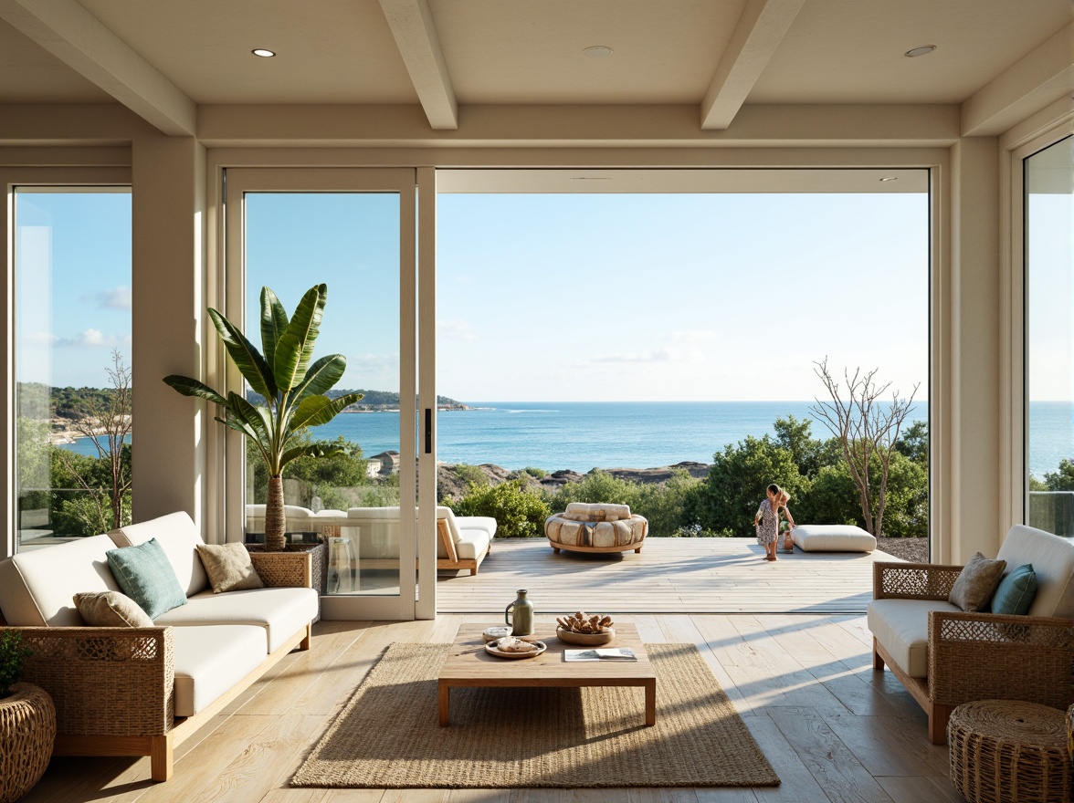 Prompt: Coastal living room, light-filled open space, calming ocean views, natural wood accents, driftwood furniture, woven sea grass textiles, soft blue-green color palette, distressed wooden floors, beachy decorative shells, coral-inspired patterns, minimalist modern furniture, floor-to-ceiling windows, sliding glass doors, sunny day, warm soft lighting, shallow depth of field, 1/1 composition, realistic textures, ambient occlusion.