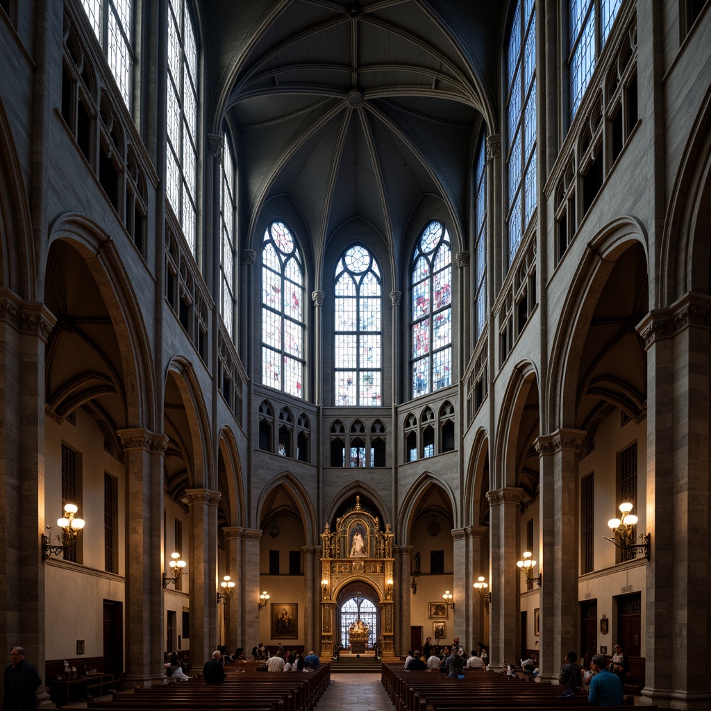 Prompt: Majestic Gothic cathedral, stunning stained glass windows, intricate stone carvings, grandiose vaulted ceilings, ornate pinnacles, pointed arches, ribbed vaults, flying buttresses, mystical ambiance, soft warm lighting, dramatic shadows, rich textures, historic architecture, religious iconography, mystical symbolism, atmospheric perspective, cinematic composition.