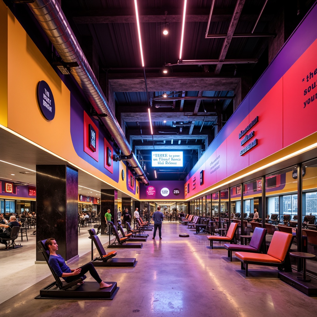 Prompt: Vibrant fitness club, expressionist architecture, bold color schemes, dynamic curves, irregular shapes, futuristic lighting fixtures, neon-lit signage, high-ceilinged open spaces, polished concrete floors, industrial-style equipment, abstract artwork, motivational quotes, state-of-the-art machines, free weights area, mirrored walls, spacious yoga studios, calming water features, urban cityscape views, warm natural light, shallow depth of field, 1/2 composition, realistic textures, ambient occlusion.