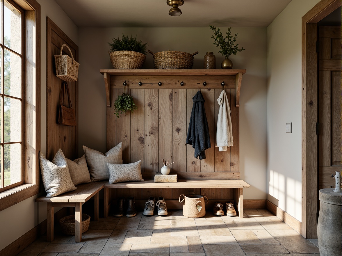 Prompt: Rustic mudroom, wooden bench seating, distressed finishes, vintage metal accents, woven baskets, natural stone flooring, earthy color palette, cozy textiles, plush throw pillows, farmhouse decor, modern rustic lighting, shallow depth of field, 1/1 composition, warm soft focus, realistic wood grain textures.