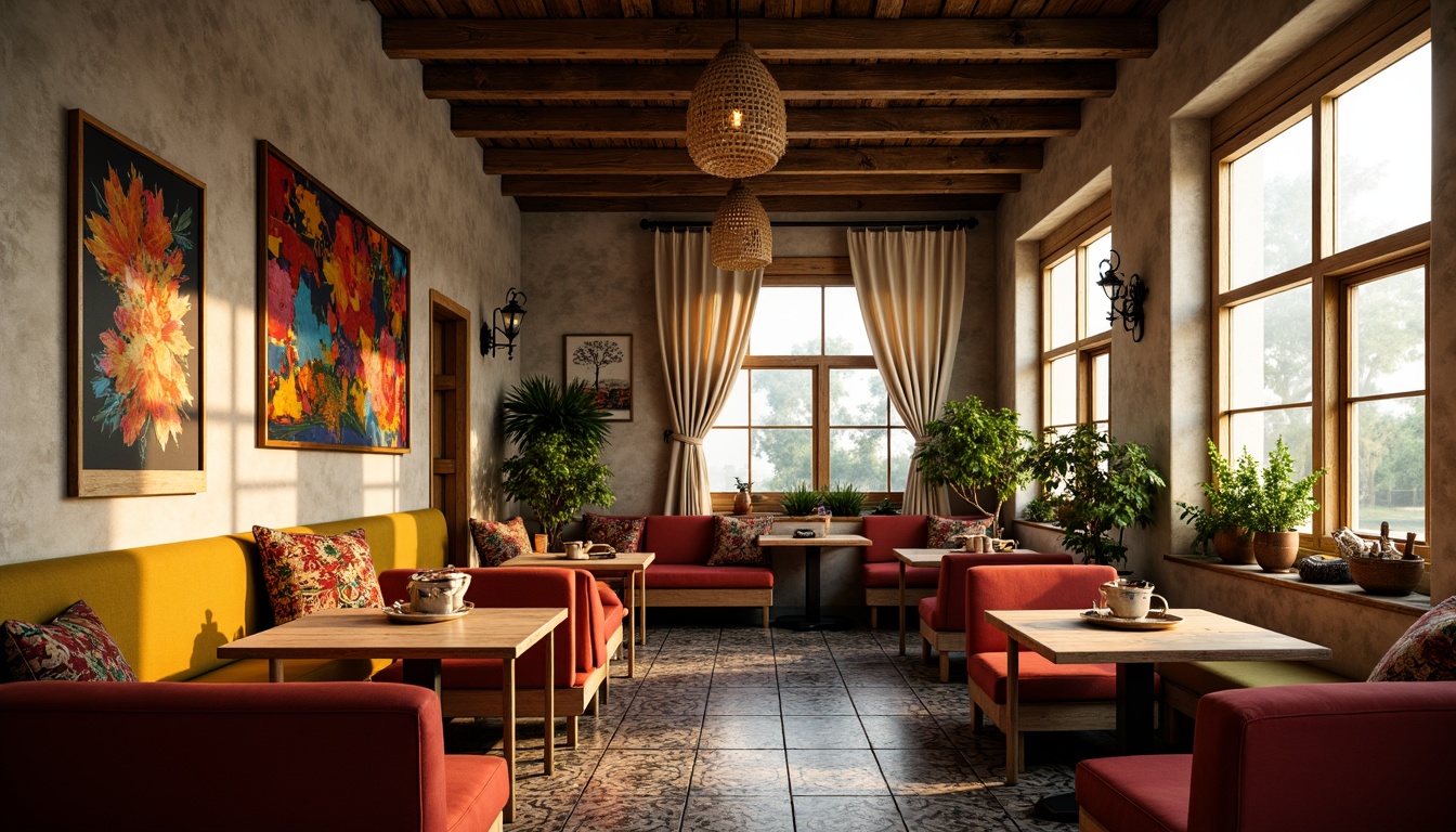 Prompt: Cozy breakfast nook, vintage eclectic decor, warm golden lighting, distressed wood tables, plush velvet armchairs, patterned Moroccan tiles, colorful woven textiles, abstract artwork, lush greenery, natural stone walls, rustic metal accents, soft linen curtains, woven basket pendant lights, 3/4 composition, shallow depth of field, realistic textures, ambient occlusion.