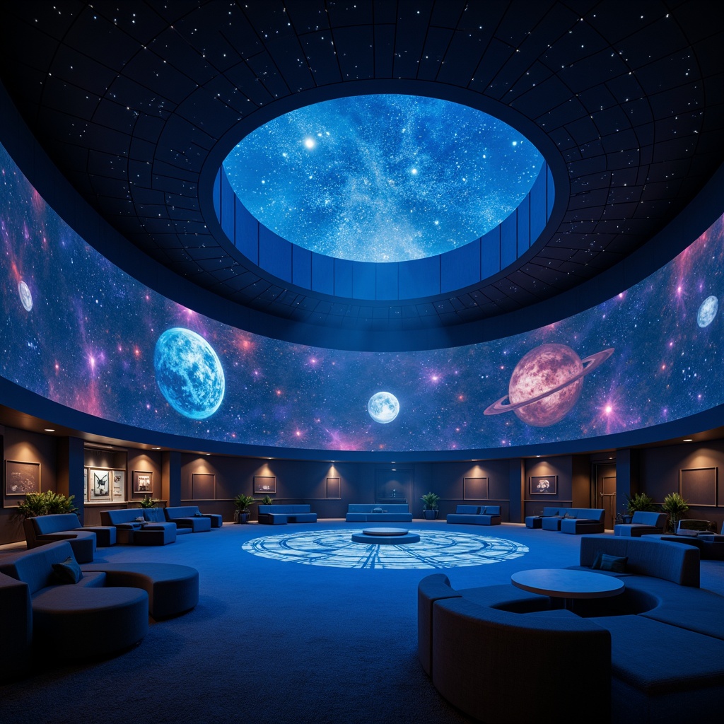 Prompt: Celestial planetarium interior, dark blue dome, twinkling star lights, soft ambient glow, LED constellation projections, nebula-inspired color scheme, futuristic astronomy equipment, sleek metallic surfaces, minimalist seating areas, circular ramps, 360-degree viewing experience, immersive audio systems, subtle gradient lighting, atmospheric fog effects, stardust textures, realistic planetary models, dynamic shadowing, high-contrast ratios, dramatic spotlighting, panoramic views, cinematic camera angles.