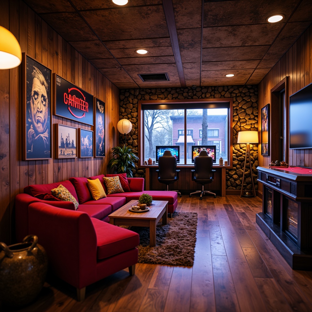 Prompt: Cozy game room, wooden paneling, soft carpeted floors, plush couches, vibrant throw pillows, rustic stone walls, metallic accents, neon-lit signage, futuristic gaming stations, high-tech sound systems, immersive virtual reality experiences, dimmable warm lighting, shallow depth of field, 1/1 composition, realistic textures, ambient occlusion.