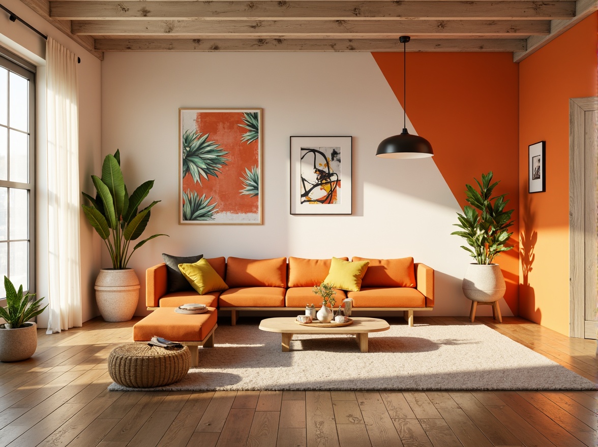 Prompt: Vibrant tangerine accents, modern minimalist interior, sleek low-profile furniture, bold color blocking, geometric patterns, abstract art pieces, natural textiles, creamy white walls, polished wooden floors, industrial chic decor, urban loft atmosphere, warm golden lighting, shallow depth of field, 1/1 composition, realistic textures.