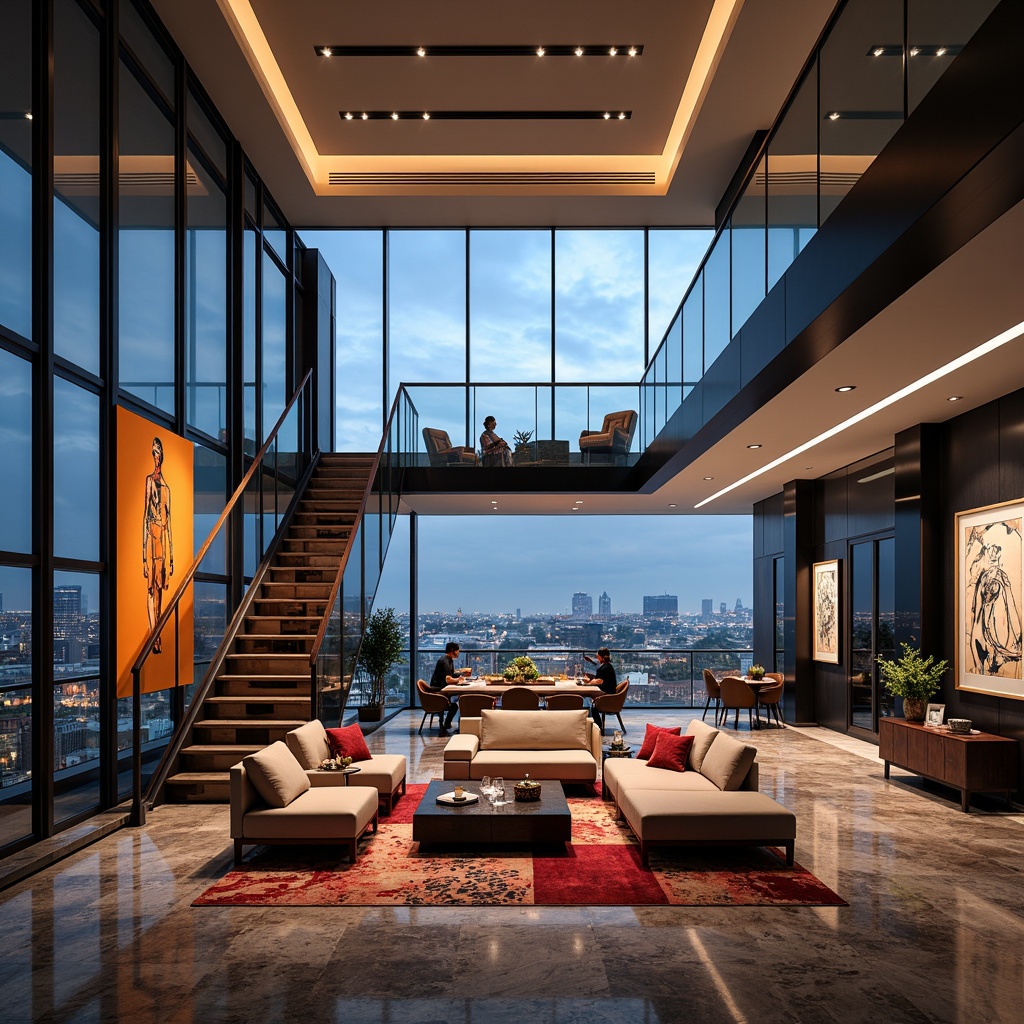 Prompt: Luxurious penthouse interior, open space layout, high ceilings, floor-to-ceiling windows, panoramic city views, sleek modern furniture, bold vibrant colors, abstract expressionist artwork, eclectic decorative pieces, polished marble floors, rich wood accents, minimalist lighting fixtures, dramatic staircases, lavish textiles, plush area rugs, atmospheric ambient lighting, cinematic composition, shallow depth of field, 1/1 aspect ratio, realistic reflections.