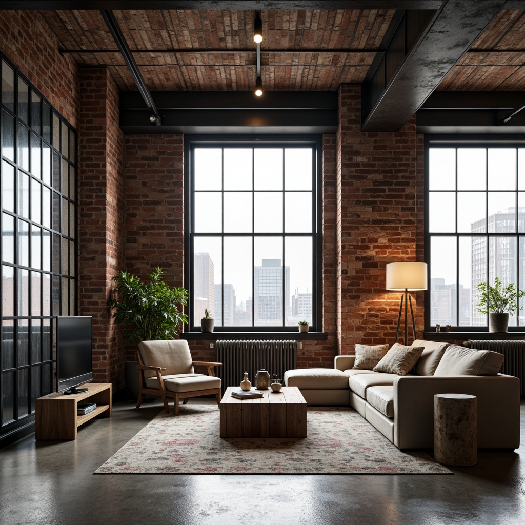 Prompt: Urban loft apartment, exposed brick walls, polished concrete floors, metal beams, industrial chic decor, reclaimed wood accents, vintage factory windows, modern minimalist lighting, sleek low-profile furniture, urban cityscape views, soft natural light, shallow depth of field, 1/2 composition, realistic textures, ambient occlusion.