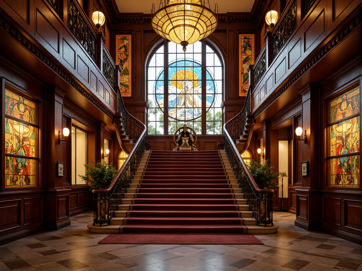 Prompt: Grand staircase, ornate railings, richly colored stained glass panels, Art Nouveau patterns, intricate metalwork, warm golden lighting, luxurious carpeted steps, polished marble floors, high ceilings, ornamental chandeliers, dramatic vertical lines, symmetrical composition, shallow depth of field, 2/3 perspective, realistic reflections, ambient occlusion.