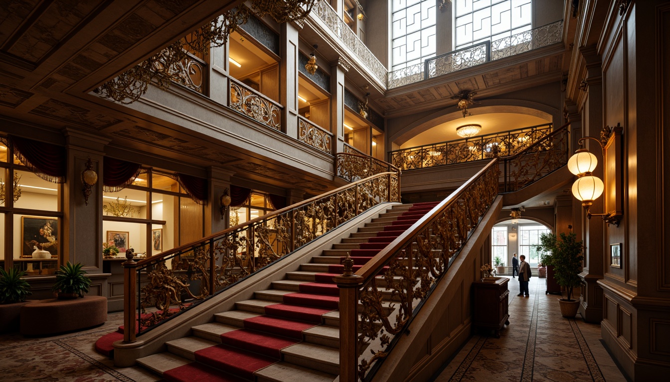 Prompt: Intricate staircases, ornate railings, flowing organic lines, botanical motifs, sinuous curves, lavish decorations, golden accents, velvet drapes, polished wooden handrails, grand chandeliers, soft warm lighting, shallow depth of field, 1/1 composition, realistic textures, ambient occlusion, luxurious materials, opulent atmosphere.