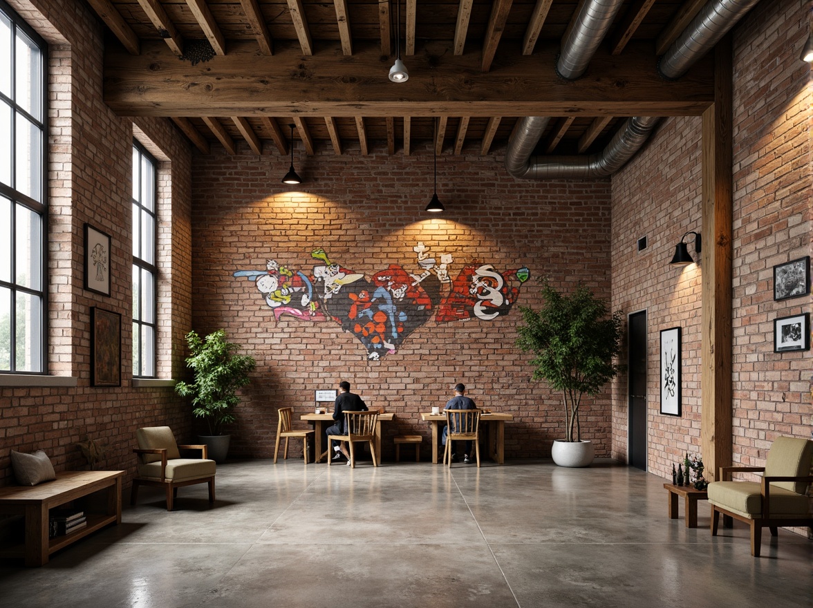 Prompt: Rustic stone walls, distressed wooden planks, weathered brick facades, industrial concrete surfaces, abstract patterned murals, vibrant graffiti artworks, ornate metallic accents, earthy tone color palette, natural material textures, rough-hewn wooden beams, exposed ductwork, urban loft atmosphere, soft warm lighting, shallow depth of field, 1/2 composition, realistic renderings, ambient occlusion.