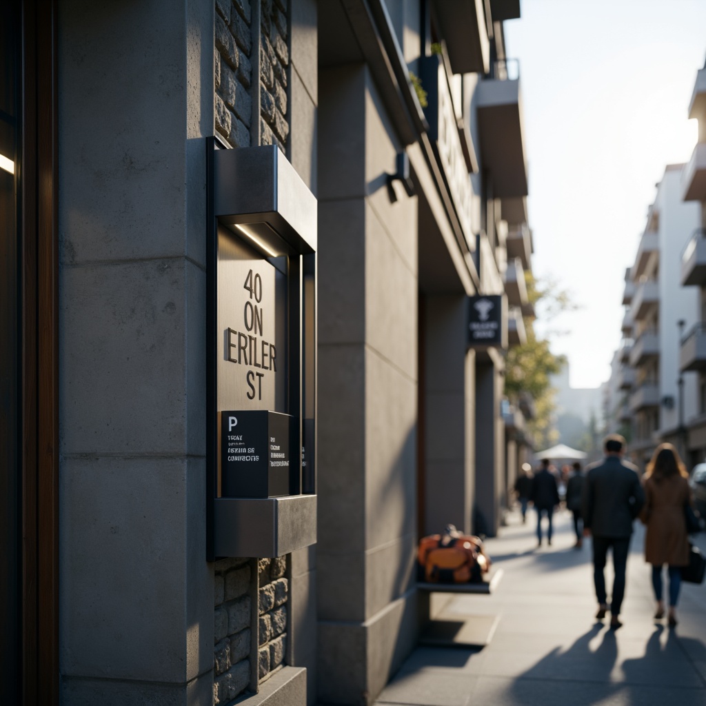 Prompt: Clean minimalistic signage, sleek modern font, neutral color palette, subtle LED lighting, stainless steel frames, geometric shapes, urban landscape, busy commuter atmosphere, morning rush hour, natural light pouring in, shallow depth of field, 1/1 composition, realistic materials, ambient occlusion.