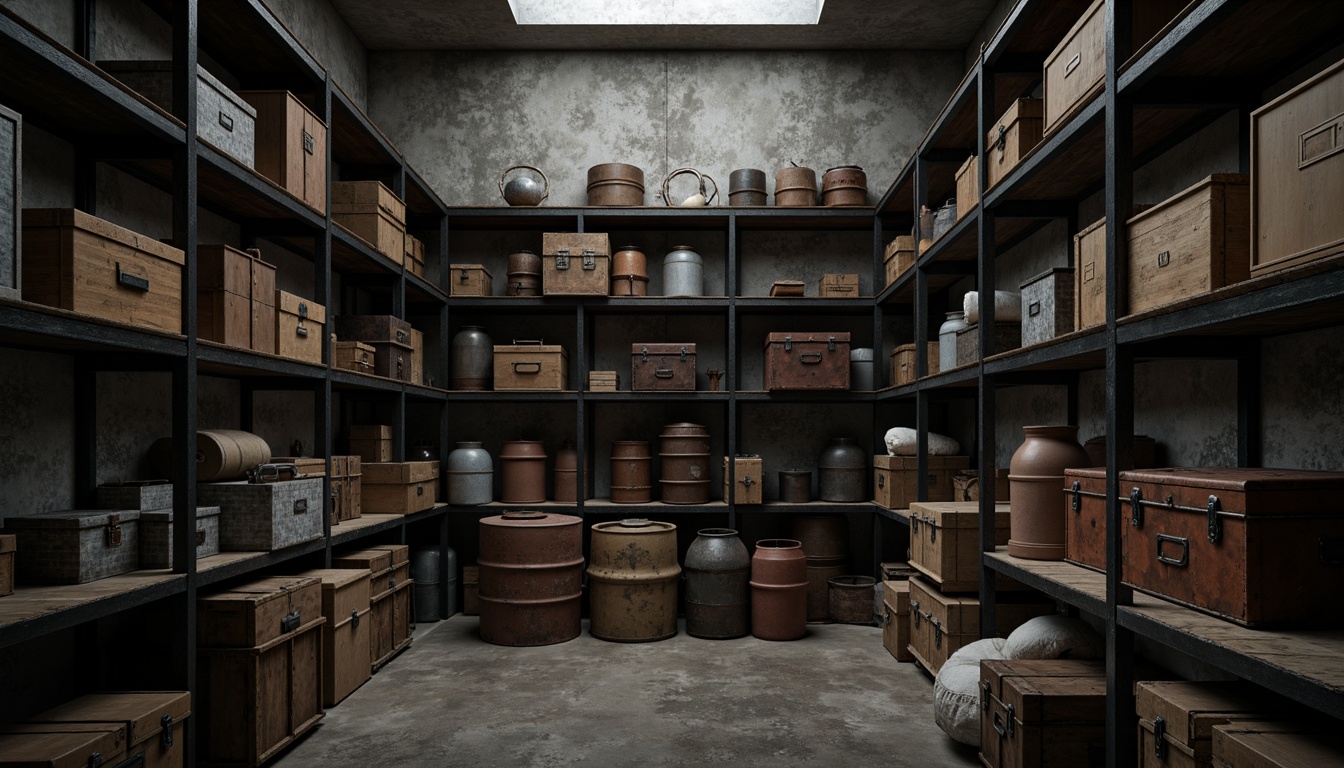 Prompt: Dimly lit storage room, industrial metal shelves, rough concrete walls, worn wooden crates, rusty metal drums, old cardboard boxes, dusty vintage trunks, faded fabric sacks, distressed leather straps, weathered wood planks, cool gray tones, soft warm lighting, subtle ambient occlusion, 1/1 composition, realistic textures, detailed normal maps.