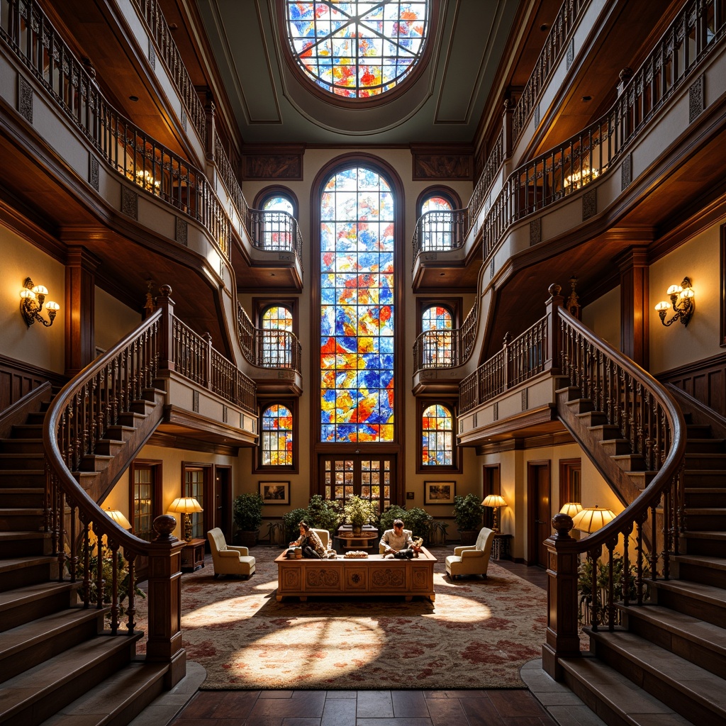 Prompt: Intricate staircase design, ornate banisters, grand staircases, luxurious landings, colorful stained glass elements, vibrant glass patterns, leadlight details, Art Nouveau inspirations, Victorian-era influences, opulent materials, polished wood handrails, carved wooden newels, crystal chandeliers, soft warm lighting, dramatic shadows, 1/2 composition, symmetrical framing, realistic textures, ambient occlusion.