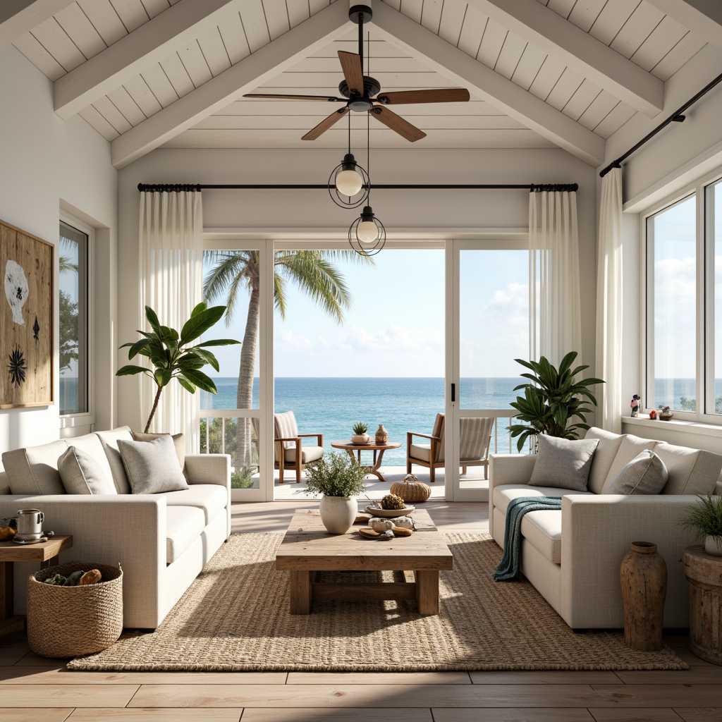 Prompt: Airy open-plan living room, coastal style interior, soft white walls, rustic wooden floors, distressed beachwood accents, comfy linen sofas, natural fiber rugs, woven rattan furniture, vintage nautical decorations, glass pendant lights, sheer curtains, ocean-inspired color palette, calming blue hues, sandy beige tones, coral patterns, driftwood coffee tables, potted tropical plants, sliding glass doors, stunning sea views, warm sunny day, soft gentle lighting, shallow depth of field, 1/1 composition, realistic textures.