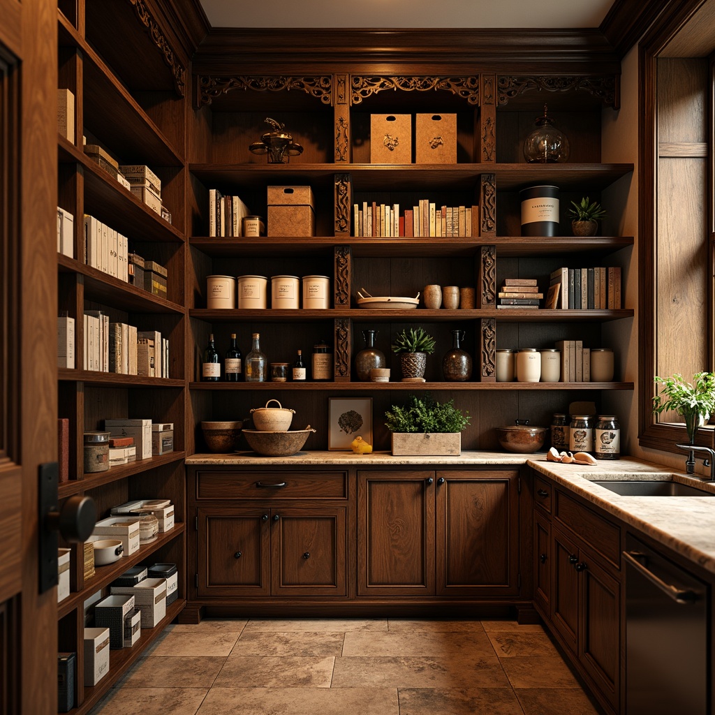 Prompt: Academic pantry, wooden shelves, ornate carvings, traditional cabinetry, rich wood tones, elegant metal hardware, subtle ambient lighting, soft warm glow, shallow depth of field, 1/1 composition, realistic textures, ambient occlusion, organized storage bins, labeled containers, rustic charm, vintage-inspired decor, earthy color palette, natural stone countertops, classic architectural details.