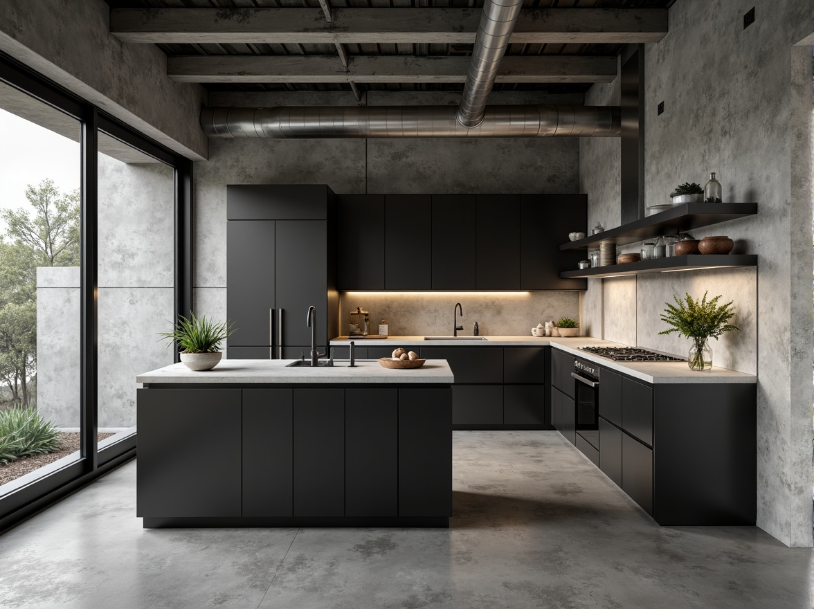 Prompt: Monochromatic kitchen space, raw concrete walls, exposed ductwork, industrial metal beams, minimalist cabinetry, bold geometric shapes, matte black appliances, sleek stone countertops, brutalist architecture, natural light pouring in, soft warm glow, shallow depth of field, 3/4 composition, realistic textures, ambient occlusion.