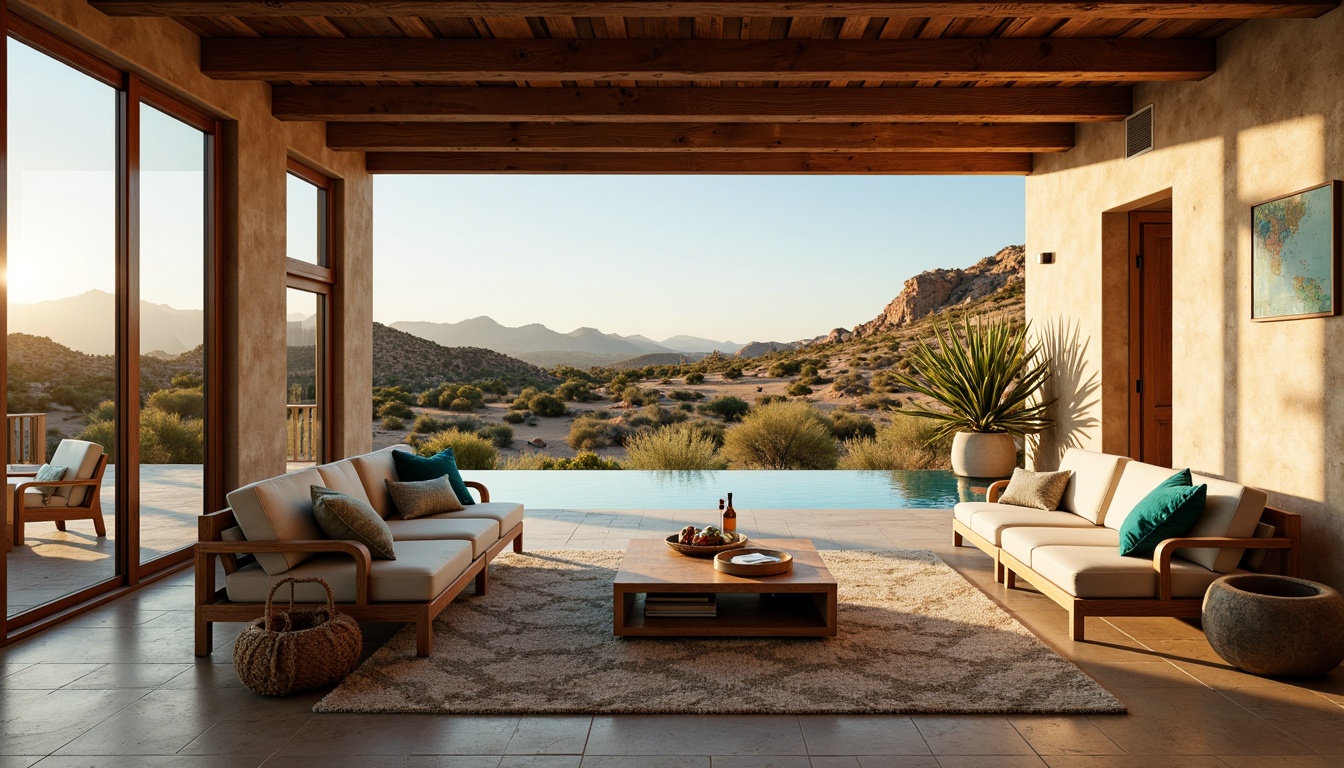 Prompt: Southwestern open floor plan, earthy tone color palette, exposed wooden beams, natural stone flooring, rustic metal accents, plush area rugs, comfortable lounge seating, floor-to-ceiling windows, sliding glass doors, vast desert landscape views, warm sunny day, soft warm lighting, 3/4 composition, panoramic view, realistic textures, ambient occlusion, organic shapes, curved lines, vibrant turquoise accents, woven textiles, geometric patterned tiles.