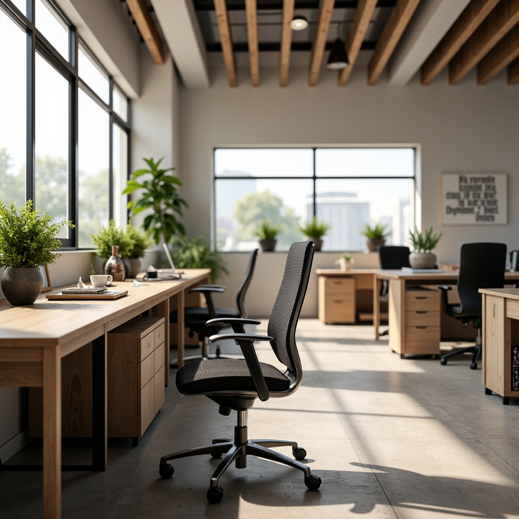 Prompt: Ergonomic office space, comfortable seating, adjustable chairs, lumbar support, breathable mesh fabric, sleek wooden desks, modern minimalist decor, ample natural light, green plants, inspirational quotes, calm color scheme, soft warm lighting, shallow depth of field, 1/2 composition, realistic textures, ambient occlusion.