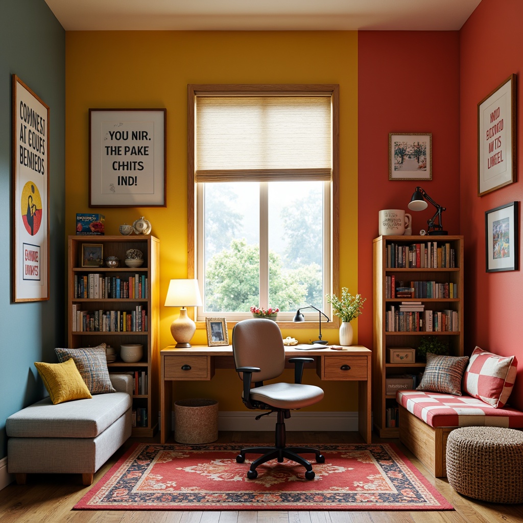 Prompt: Cozy study nook, vibrant colored walls, wooden desk, ergonomic chair, soft cushions, warm lighting, framed artwork, motivational quotes, bookshelves, educational posters, colorful rugs, playful pillows, interactive learning tools, kid-friendly decor, minimal clutter, organized storage, natural wood accents, calming color scheme, comfortable reading area, inspiring views, 1/2 composition, soft focus, shallow depth of field.