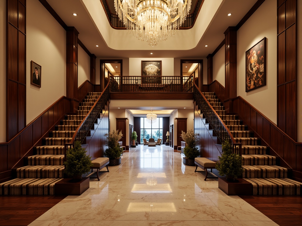 Prompt: Grand entrance hall, luxurious chandelier, high ceilings, elegant staircase, marble flooring, sophisticated wood tones, polished hardwood, rich carpeting, subtle texture patterns, ambient warm lighting, shallow depth of field, 1/1 composition, realistic reflections, ornate furnishings.