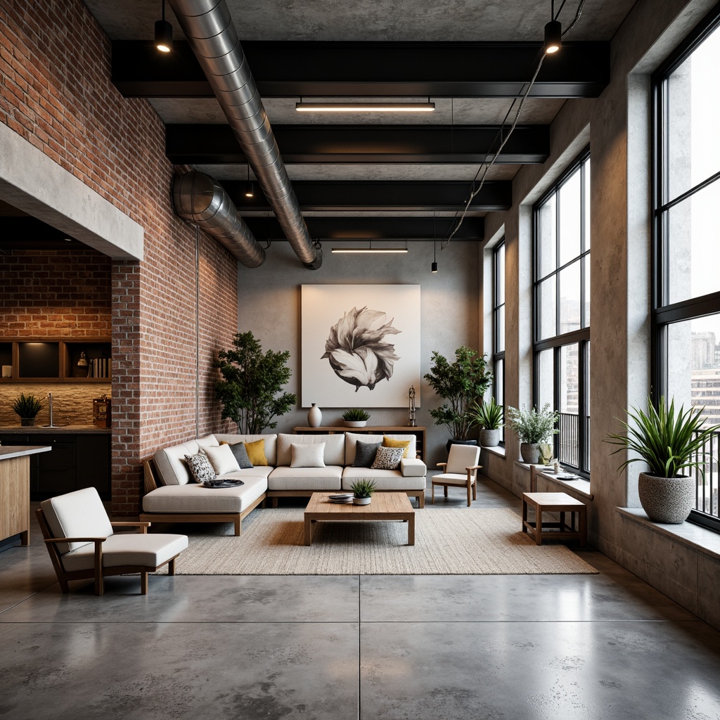 Prompt: Exposed brick walls, metal beams, polished concrete floors, industrial-style lighting fixtures, reclaimed wood accents, minimal ornamentation, monochromatic color schemes, functional decorative elements, sparse greenery, urban loft atmosphere, natural textures, subtle rustic tones, airy open spaces, Scandinavian-inspired furniture, industrial-chic decor, matte black metal frames, oversized windows, soft diffused light, 3/4 composition, shallow depth of field, realistic materials, ambient occlusion.