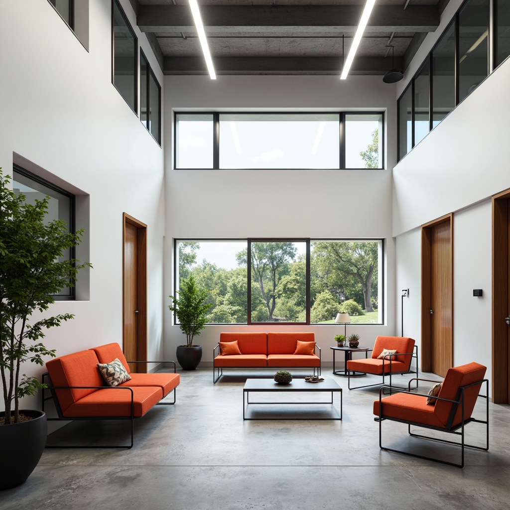 Prompt: Geometric Bauhaus interior, modular furniture, rectangular forms, industrial materials, metal frames, glass surfaces, minimal ornamentation, functional simplicity, open floor plan, natural light pouring in, concrete floors, white walls, bold color accents, modernist aesthetic, 1/1 composition, softbox lighting, realistic textures, ambient occlusion.