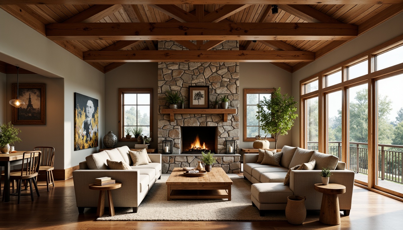 Prompt: Cozy craftsman great room, open floor plan, rustic wooden beams, natural stone fireplace, plush sectional sofa, rich wood tones, earthy color palette, vintage decorative accents, oversized windows, abundant natural light, soft warm glow, shallow depth of field, 3/4 composition, inviting atmosphere, organic textures, ambient occlusion.